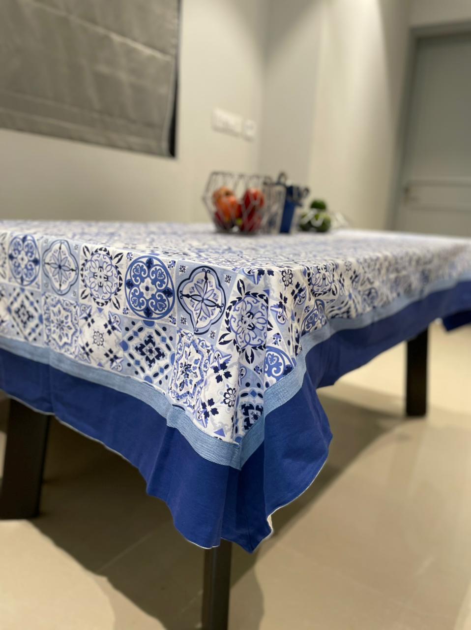 Blue Pattern Printed Table Cover 100% Cotton 54 x 84 Inches 